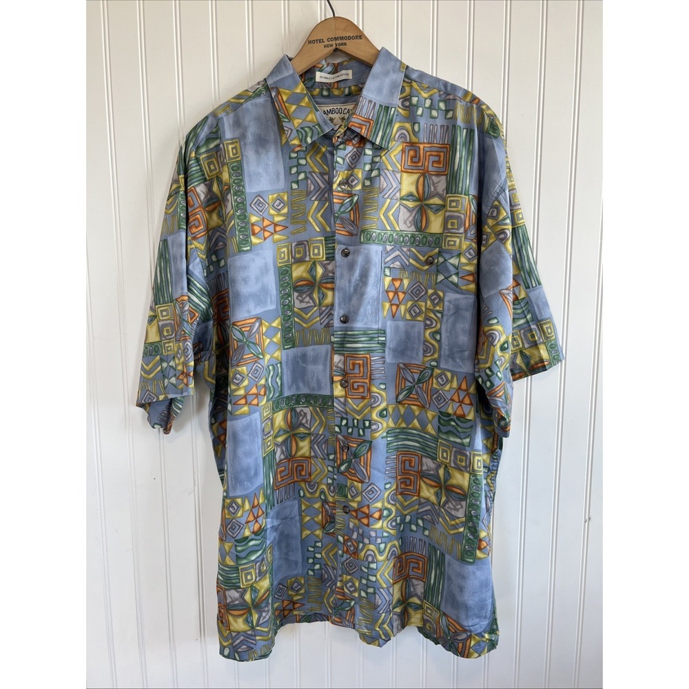 Bamboo Cay Mens Hawiian Shirt Blue Geometric XL Cotton Short Sleeve Collar